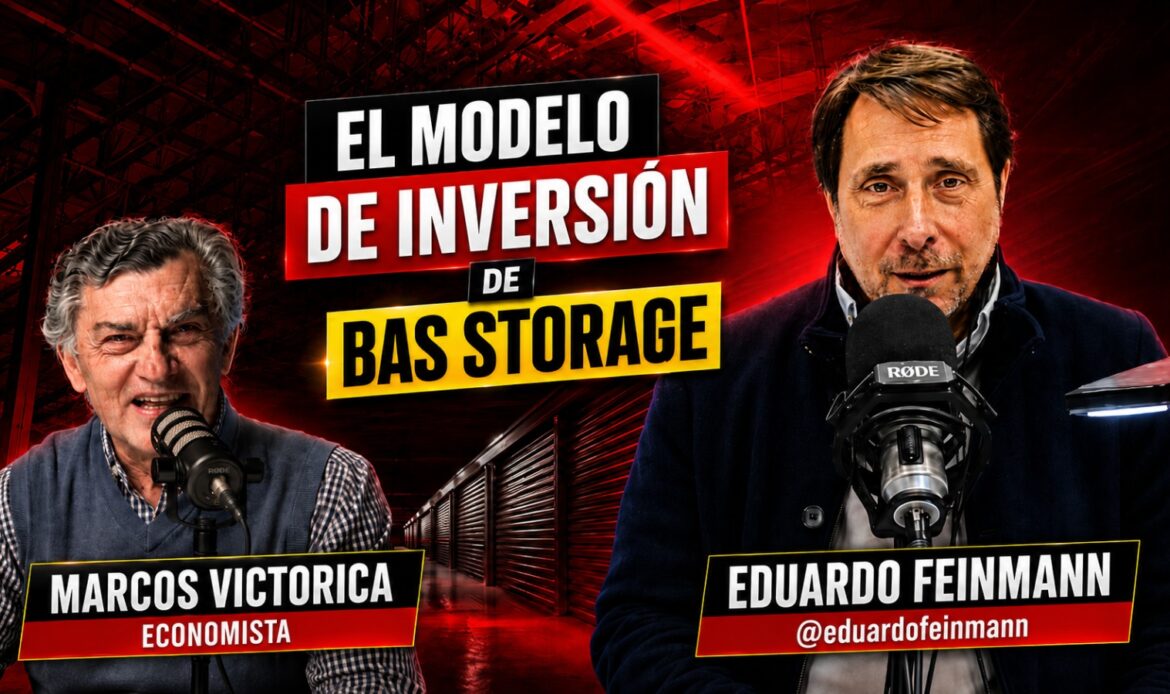 Two podcast hosts with microphones in a studio lit by red lights; a bold banner reads 'The BAS STORAGE Investment Model'.