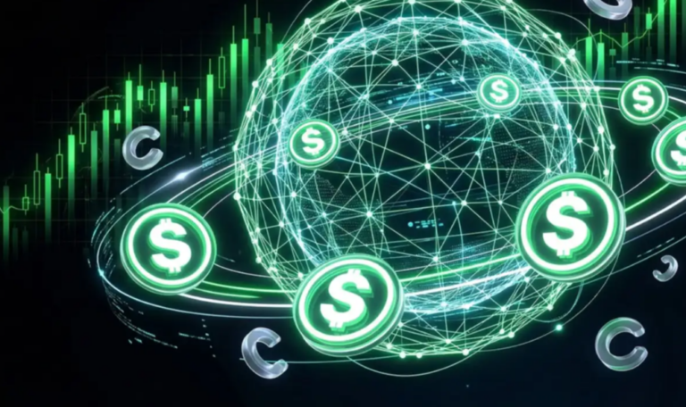 Glowing green dollar coins orbit a neon, interconnected globe representing global digital finance and cryptocurrency.
