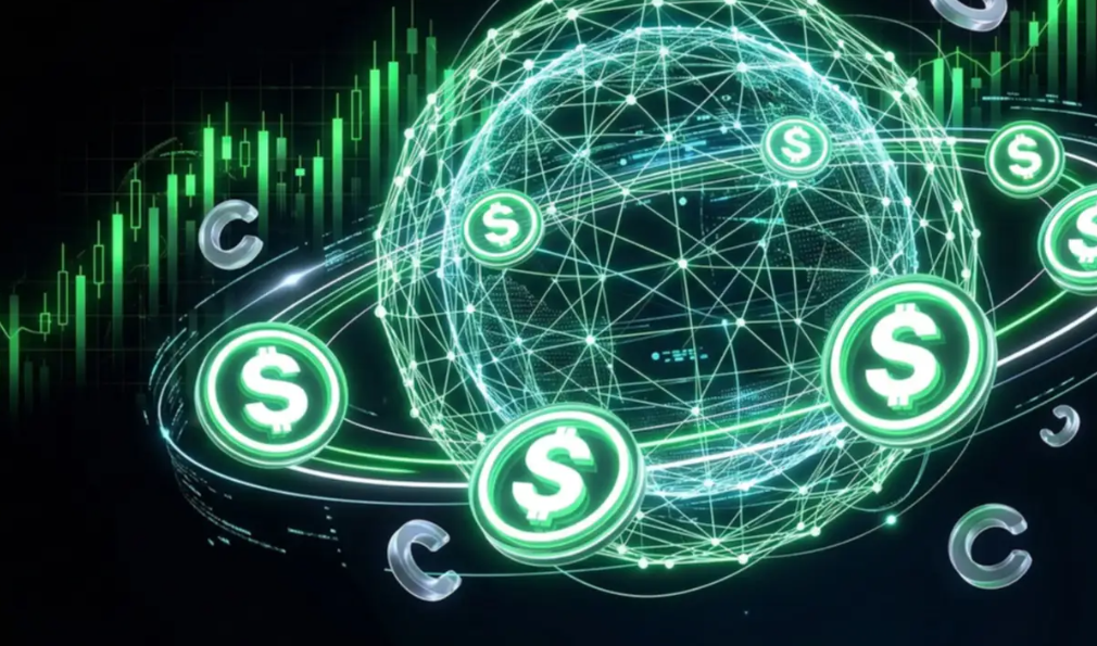 Glowing green dollar coins orbit a neon, interconnected globe representing global digital finance and cryptocurrency.