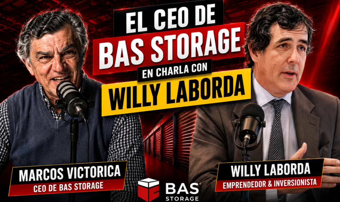 Promotional banner for a podcast: hosts Marcos Victorica and Willy Laborda are speaking into microphones, with BAS Storage branding and bold Spanish text in red and black.