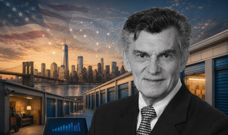 Portrait of a businessman in a suit with warehouse storage units, a city skyline at sunset, and a digital US map overlay in the background.