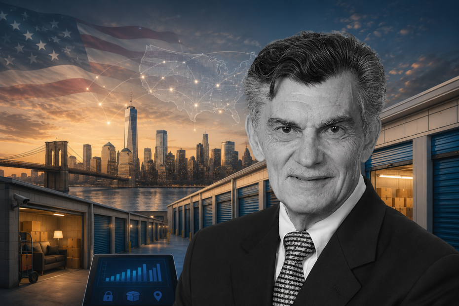 Portrait of a businessman in a suit with warehouse storage units, a city skyline at sunset, and a digital US map overlay in the background.
