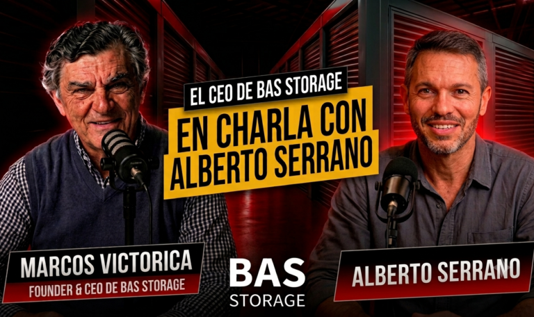Promotional podcast banner: Marcos Victorica and Alberto Serrano discuss BAS Storage while wearing microphones on set