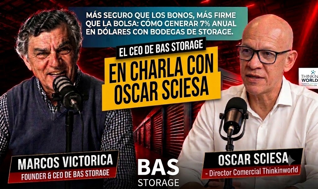 Two men speak into microphones in a bold, colorful interview thumbnail featuring Spanish headlines: "En charla con Oscar Sciesa" and banners for Marcos Victorica and Oscar Sciesa.