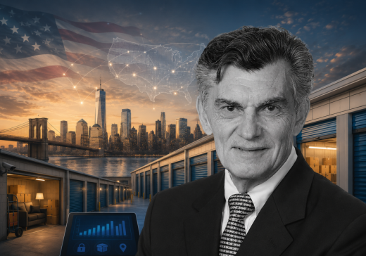 Portrait of a businessman in a suit, with warehouse storage units, a city skyline at sunset, and a digital map of the U.S. superimposed in the background.