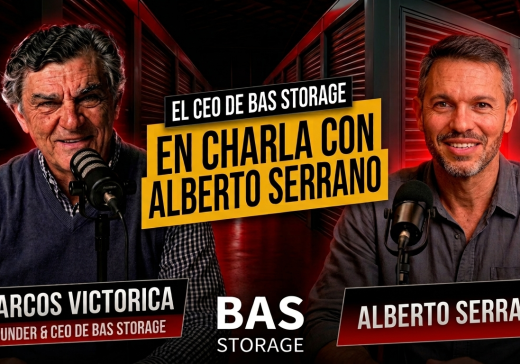 Promotional podcast banner: Marcos Victorica and Alberto Serrano discuss BAS Storage with microphones on set