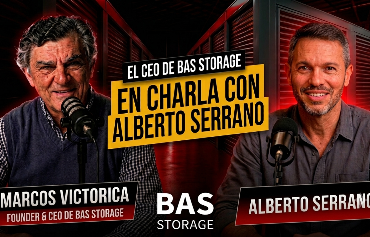Promotional podcast banner: Marcos Victorica and Alberto Serrano discuss BAS Storage while wearing microphones on set