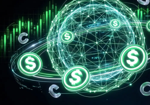 Glowing green dollar coins orbit a neon, interconnected globe representing global digital finance and cryptocurrency.